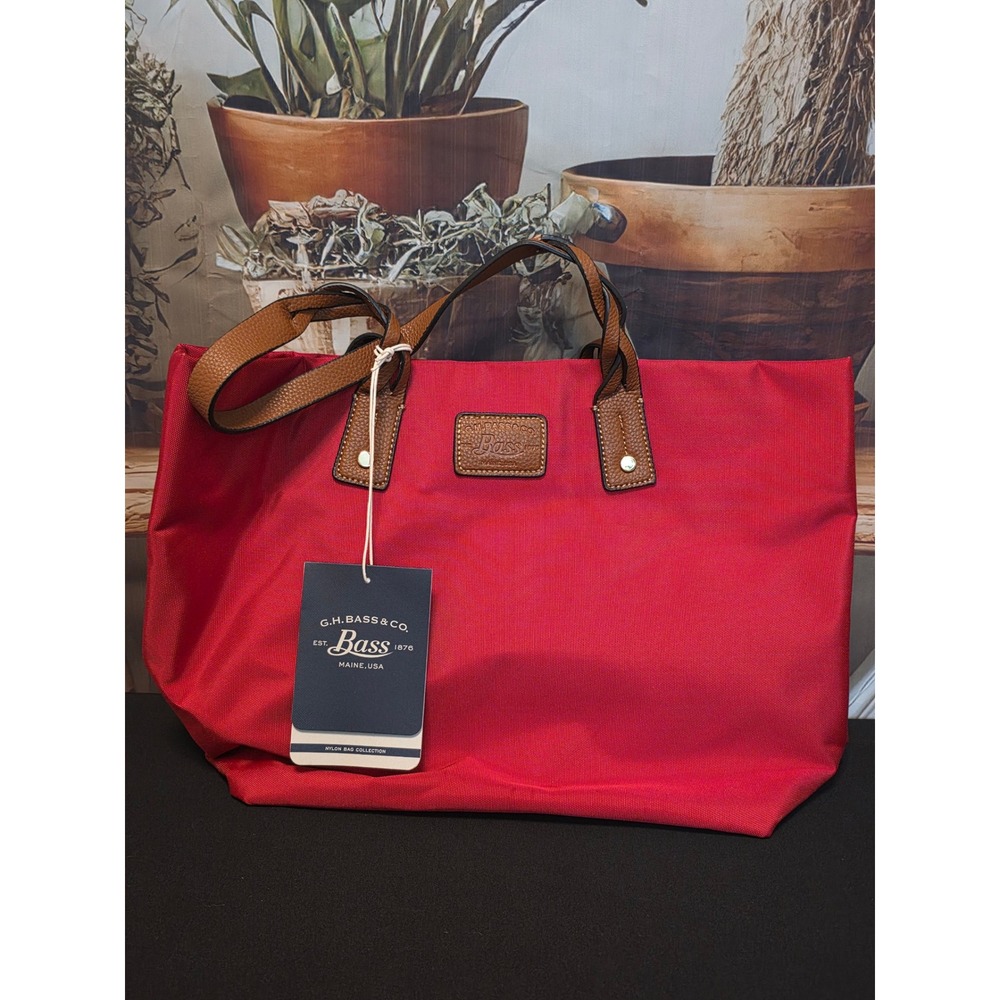 GH Bass & Co Red Nylon Tote Bag Tan Leather Trim Travel Shoulder Bag NWT